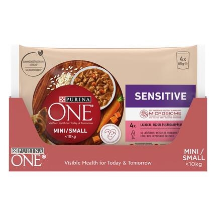 Konservi mini/maza škirņu suņiem ar jutīgu ādu un gremošanu PURINA ONE® MINI/SMALL SENSITIVE ar lasi, rīsiem un burkāniem mēr