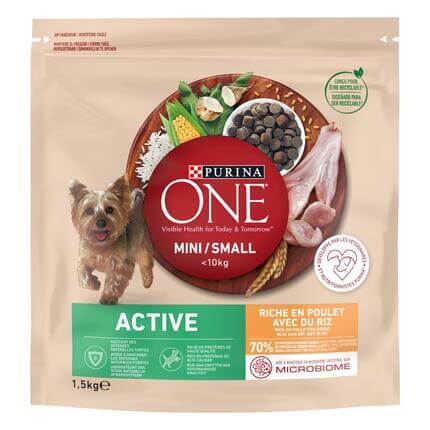 Sausā barība mini/maza škirņu suņiem ar aktīvu dzīvesveidu PURINA ONE® MINI/SMALL ACTIVE, bagātināta ar vistas gaļu un rīsiem