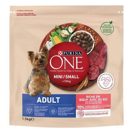Sausā barība mini/maza škirņu pieaugušiem suņiem PURINA ONE® MINI/SMALL ADULT, bagātināta ar liellopu gaļu un rīsiem