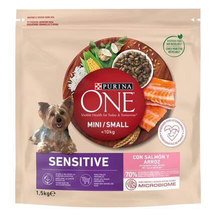 Sausā barība mini/maza šķirņu suņiem ar jutīgu gremošanas sistēmu PURINA ONE® MINI/SMALL SENSITIVE, bagātināta ar lasi un rīs