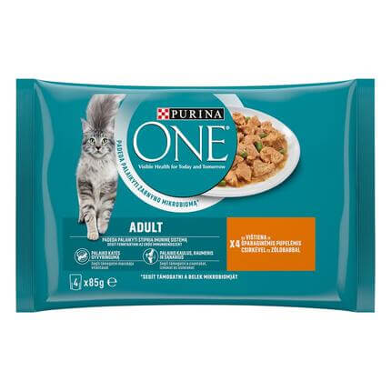 Konservi pieaugušiem kaķiem PURINA ONE® ADULT, filēti gabaliņi mērcē ar vistas un un zaļajām pupiņām