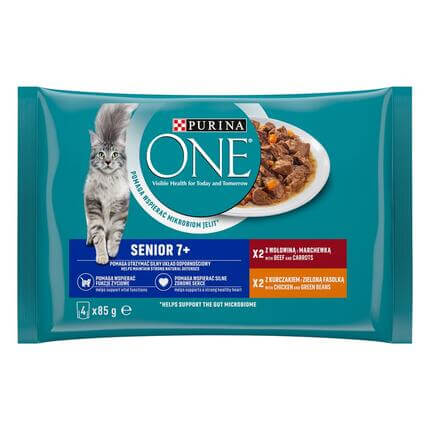 Konservi novecojošiem kaķiem PURINA ONE® SENIOR 7+, filēti gabaliņi mērcē, ar liellopu gaļu un burkāniem un ar vistas gaļu un