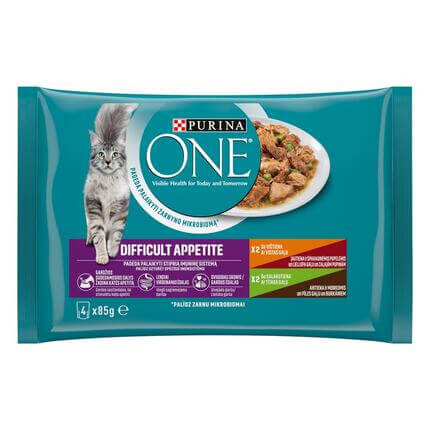 Konservi kaķiem ar izvēlīgu apetīti PURINA ONE® DIFFICULT APPETITE, filēti gabaliņi mērcē ar vistas-liellopu gaļu un tītara-p