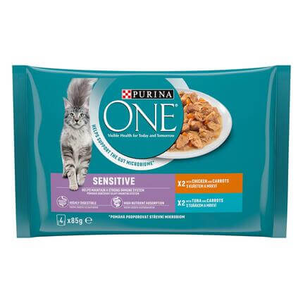 Konservi jutīgiem kaķiem PURINA ONE® SENSITIVE, filēti gabaliņi mērcē ar vistas gaļu un tunci 