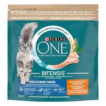 Sausā barība sterilizētiem kaķiem virsnormas svara kontrolei PURINA ONE® STERILCAT WEIGHT CONTROL, bagātināta ar vistas gaļu