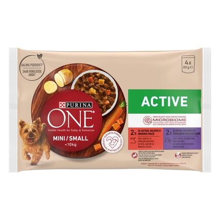 Konservi mini/maza škirņu suņiem ar aktīvu dzīvesveidu PURINA ONE® MINI/SMALL ACTIVE ar liellopu gaļu, kartupeļiem un burkāni