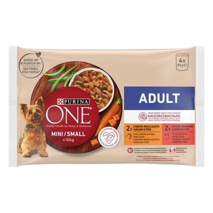 Konservi mini/maza škirņu pieaugušiem suņiem PURINA ONE® MINI/SMALL ADULT ar vistas gaļu, burkāniem un zaļajām pupiņām mērcē