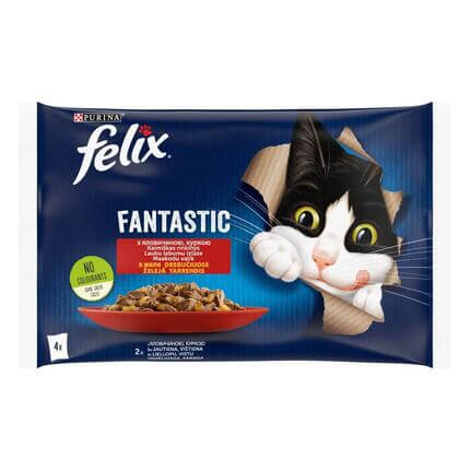 FELIX® FANTASTIC lauku labumu izlase želejā (liellopu gaļa, vistas gaļa), konservi kaķiem