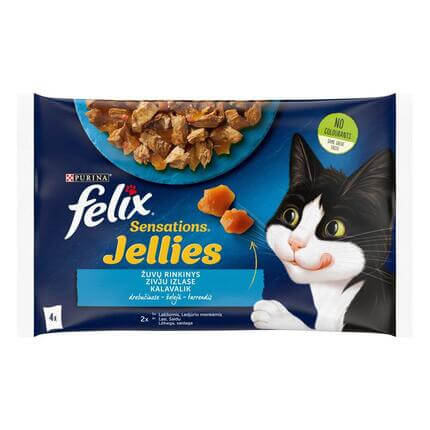 FELIX® SENSATIONS zivju izlase želejā (lasis, bute), konservi kaķiem