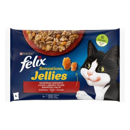 FELIX® SENSATIONS lauku labumu izlase želejā (liellopu gaļa, vistas gaļa), konservi kaķiem