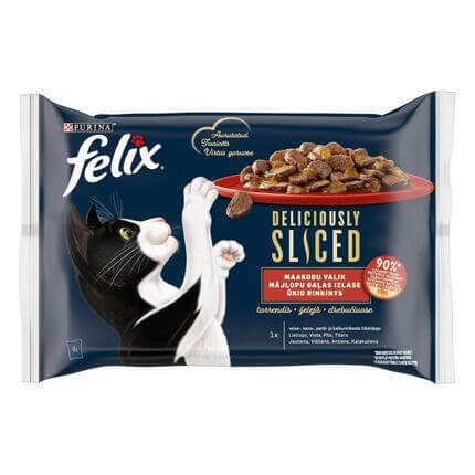 FELIX® DELICIOUSLY SLICED gaļas izlase želejā (liellopu gaļa, vistas gaļa, pīles gaļa, tītara gaļa), konservi kaķiem