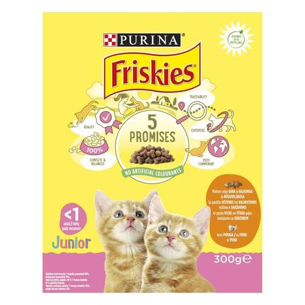 FRISKIES® JUNIOR kaķu sausā barība, kaķēniem, grūsnām kaķenēm un zīdīšanas periodā, ar vistas gaļu, pienu un dārzeņiem, 300g