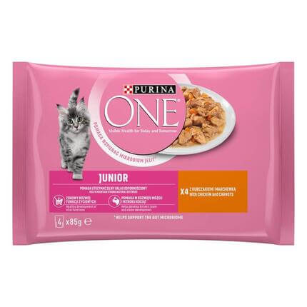 PURINA ONE® JUNIOR konservi kaķēniem, filēti gabaliņi mērcē ar vistas gaļu, 4x85g