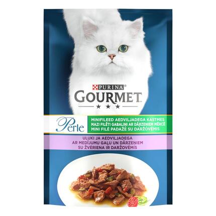 GOURMET® PERLE Mini Fillets konservi kaķiem, mazi filēti gabaliņi mērcē, ar medījumu gaļu un dārzeņiem, 26x85g