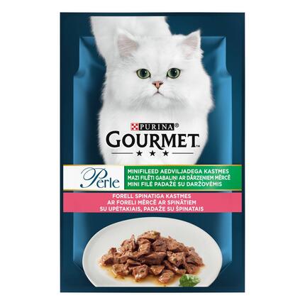 GOURMET® PERLE Mini Fillets konservi kaķiem, ar foreli un spinātiem mērcē, 85g