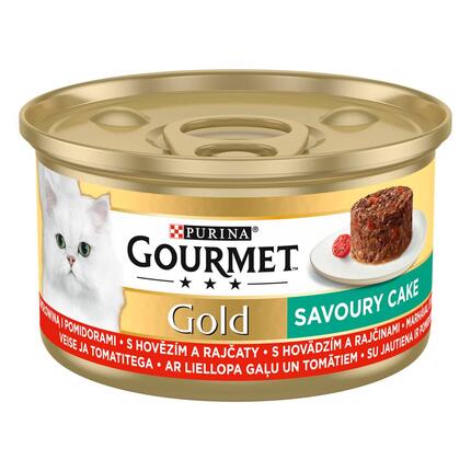 GOURMET® GOLD Savoury Cake ar liellopu gaļu un tomātiem, konservētā barība kaķiem, kārbiņa 85g