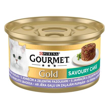 GOURMET® GOLD Savoury Cake ar jēra gaļu un zaļajām pupiņām, konservētā barība kaķiem, kārbiņa 85g