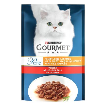 GOURMET® PERLE Mini Fillets konservi kaķiem, mazi filēti gabaliņi mērcē, ar liellopu gaļu, 85g