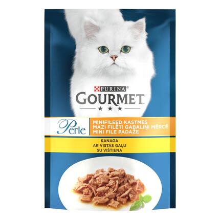 GOURMET® PERLE Mini Fillets konservi kaķiem, mazi filēti gabaliņi mērcē, ar vistas gaļu, 85g