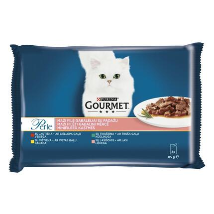 GOURMET® PERLE konservi kaķiem, ar liellopa gaļu / ar vistas gaļu / ar truša gaļu / ar lasi, 4x85g