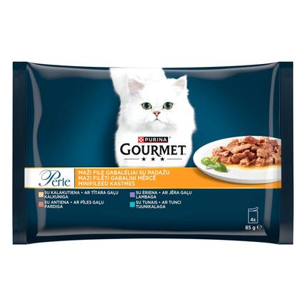 GOURMET® PERLE konservi kaķiem, mazi filēti gabaliņi mērcē, ar tītara gaļu / ar pīles gaļu / ar jēra gaļu / ar tunci, 4x85g