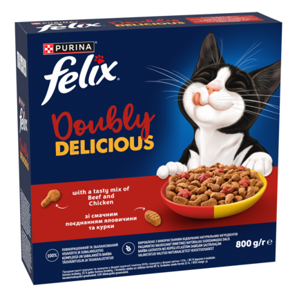 Felix® Doubly Delicious,  sausā barība pieaugušiem kaķiem ar liellopa un vistas gaļu, bagātināta ar bietēm, 800 g