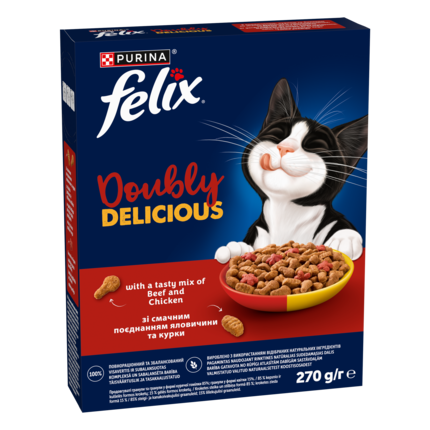 Felix® Doubly Delicious,  sausā barība pieaugušiem kaķiem ar liellopa un vistas gaļu, bagātināta ar bietēm, 270 g