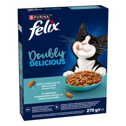 Felix® Doubly Delicious,  sausā barība pieaugušiem kaķiem ar lasi un jūras zivi, bagātināta ar bietēm, 270 g