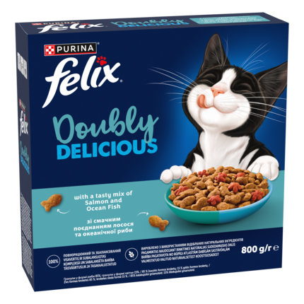 Felix® Doubly Delicious, sausā barība pieaugušiem kaķiem ar lasi un jūras zivi, bagātināta ar bietēm, 800 g