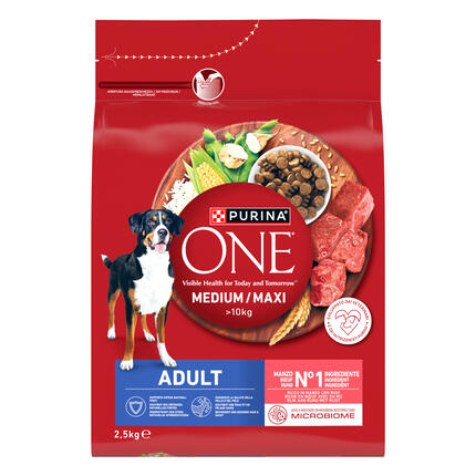 Purina ONE® Medium / Maxi > 10 kg pieaugušiem suņiem, bagāta ar liellopu gaļu un rīsiem