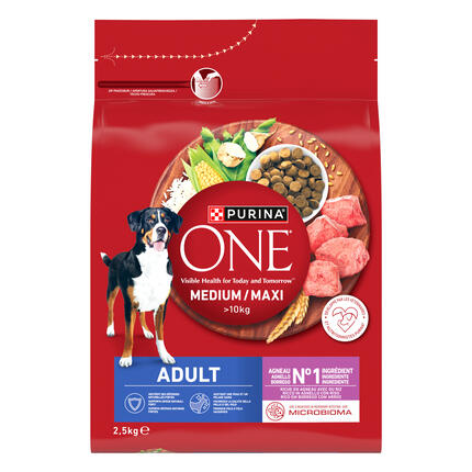 Purina ONE® Medium / Maxi > 10 kg pieaugušiem suņiem, bagāta ar jēra gaļu un rīsiem