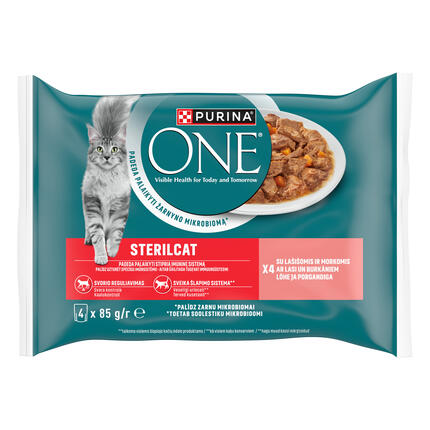 Konservi sterilizētiem kaķiem PURINA ONE® STERILCAT, filēti gabaliņi mērcē ar lasi un burkāniem