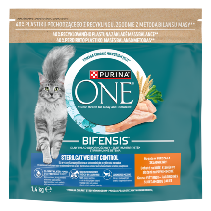 Sausā barība sterilizētiem kaķiem virsnormas svara kontrolei PURINA ONE® STERILCAT WEIGHT CONTROL, bagātināta ar vistas gaļu