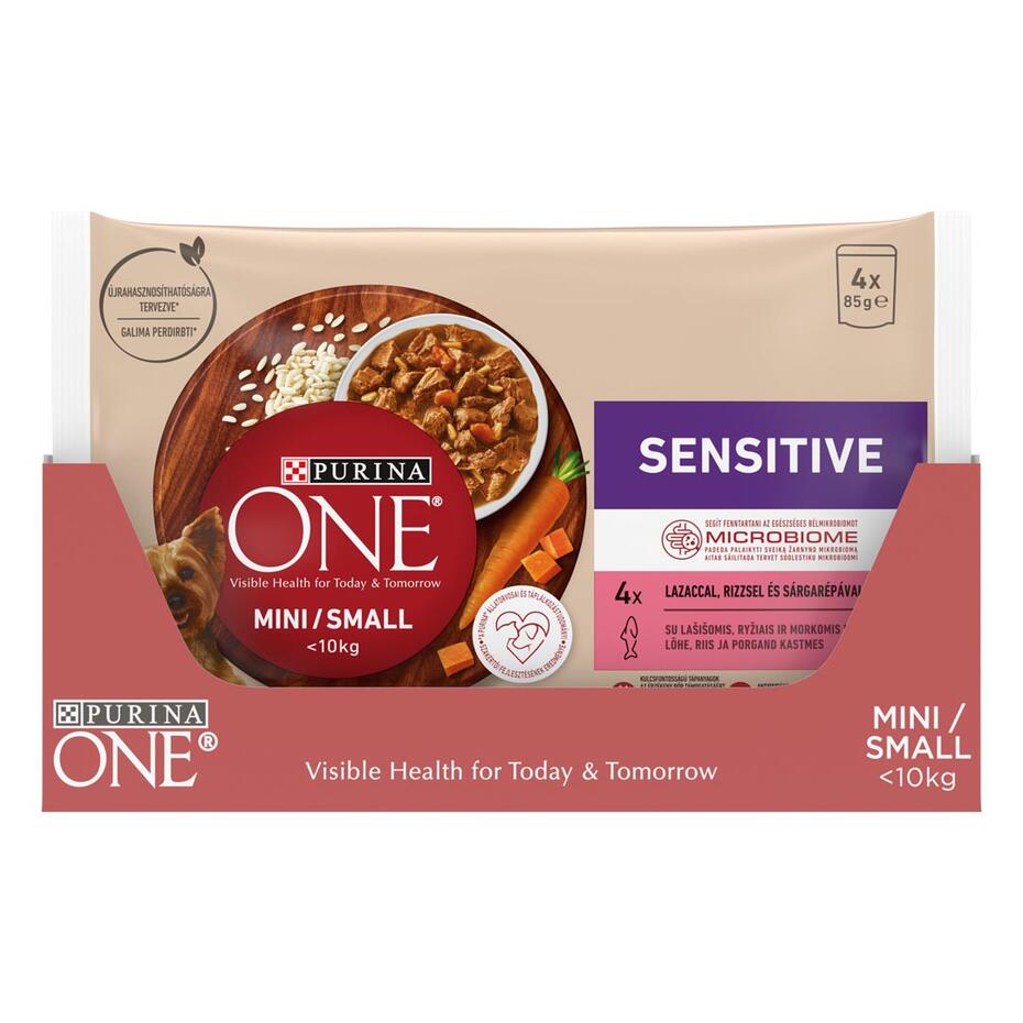 Konservi mini/maza škirņu suņiem ar jutīgu ādu un gremošanu PURINA ONE® MINI/SMALL SENSITIVE ar lasi, rīsiem un burkāniem mēr