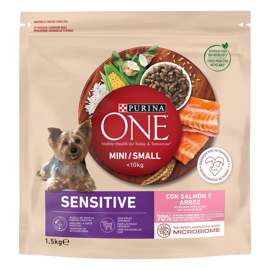 Sausā barība mini/maza šķirņu suņiem ar jutīgu gremošanas sistēmu PURINA ONE® MINI/SMALL SENSITIVE, bagātināta ar lasi un rīs
