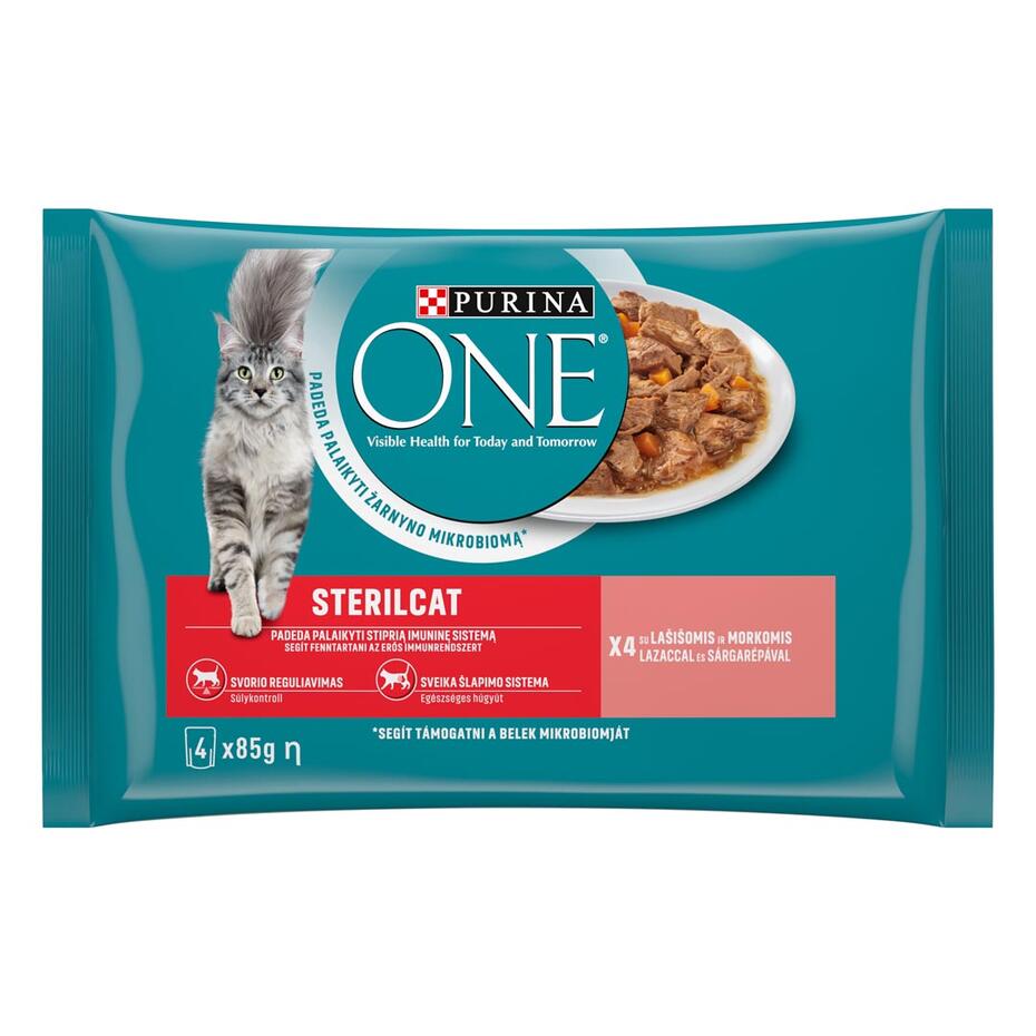 Konservi sterilizētiem kaķiem PURINA ONE® STERILCAT, filēti gabaliņi mērcē ar lasi un burkāniem