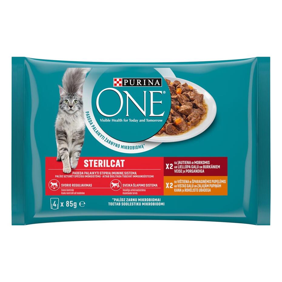 Konservi sterilizētiem kaķiem PURINA ONE® STERILCAT, filēti gabaliņi mērcē ar liellopu gaļu un burkāniem un vistas gaļu un za