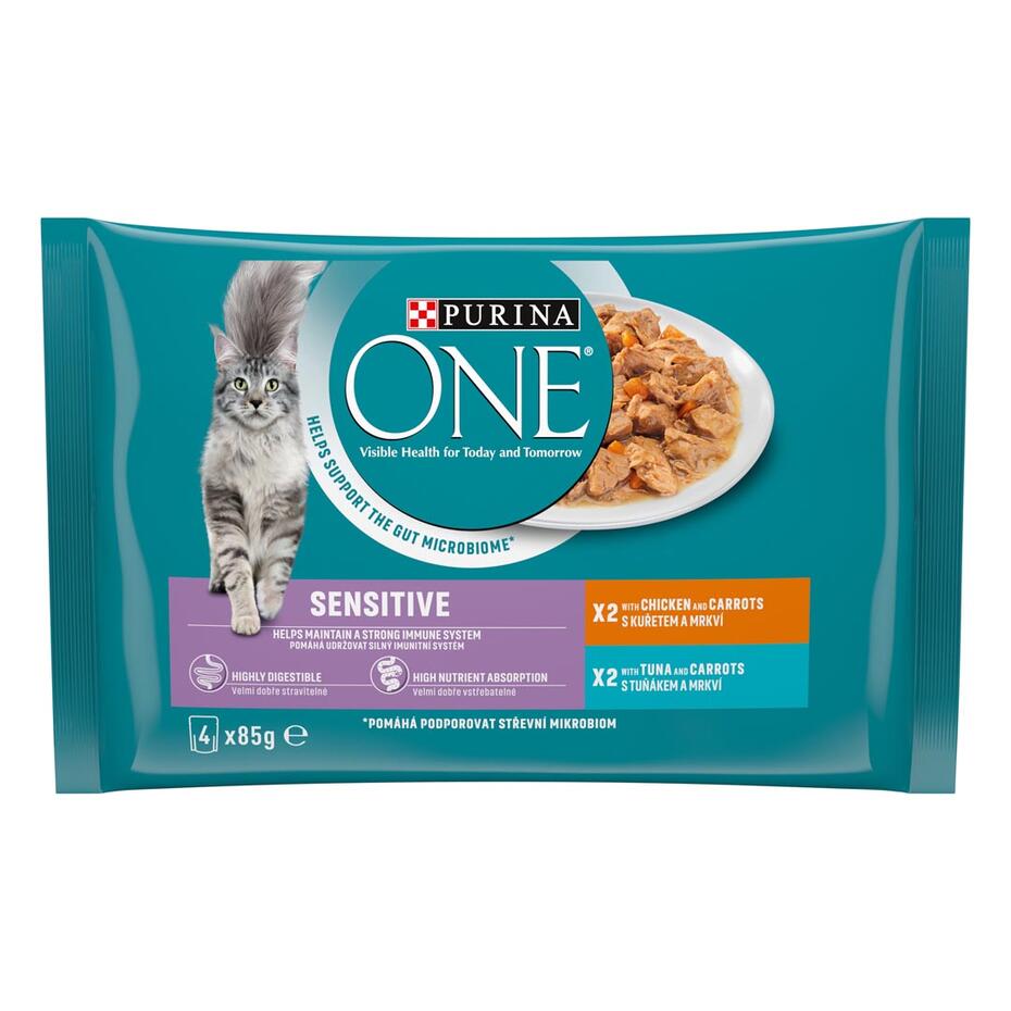 Konservi jutīgiem kaķiem PURINA ONE® SENSITIVE, filēti gabaliņi mērcē ar vistas gaļu un tunci