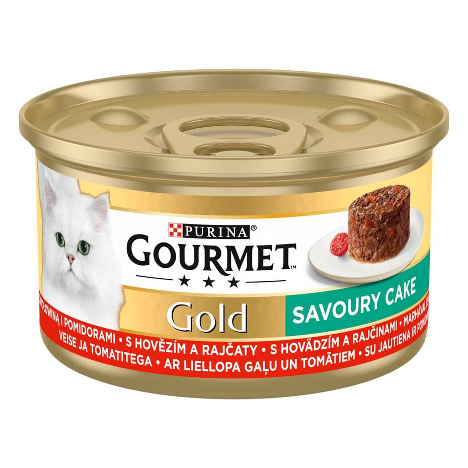 GOURMET™ GOLD Savoury Cake ar liellopu gaļu un tomātiem, konservētā barība kaķiem, kārbiņa 85g