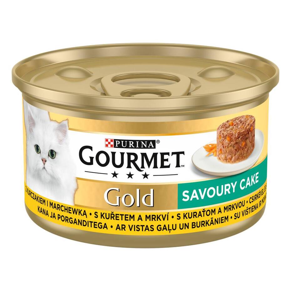 GOURMET™ GOLD Savoury Cake ar vistas gaļu un burkāniem, konservētā barība kaķiem, kārbiņa 85g