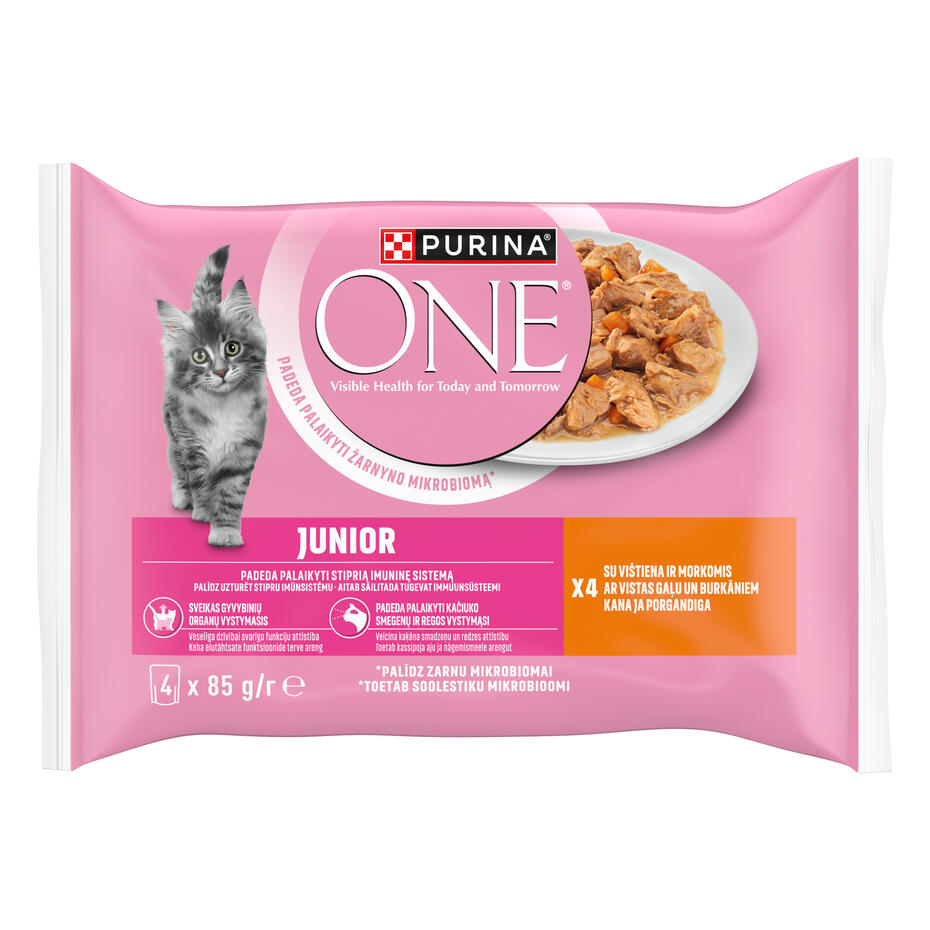 Konservi kaķēniem no 1-12 mēnešiem PURINA ONE® JUNIOR 1-12 month, filēti gabaliņi mērcē ar vistas gaļu