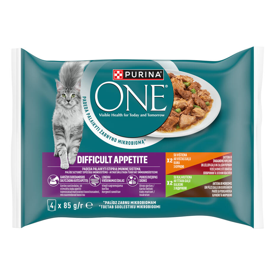 Konservi kaķiem ar izvēlīgu apetīti PURINA ONE® DIFFICULT APPETITE, filēti gabaliņi mērcē ar vistas-liellopu gaļu un tītara-p