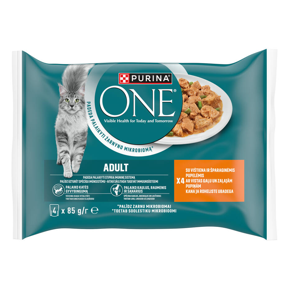 Konservi pieaugušiem kaķiem PURINA ONE® ADULT, filēti gabaliņi mērcē ar vistas un un zaļajām pupiņām