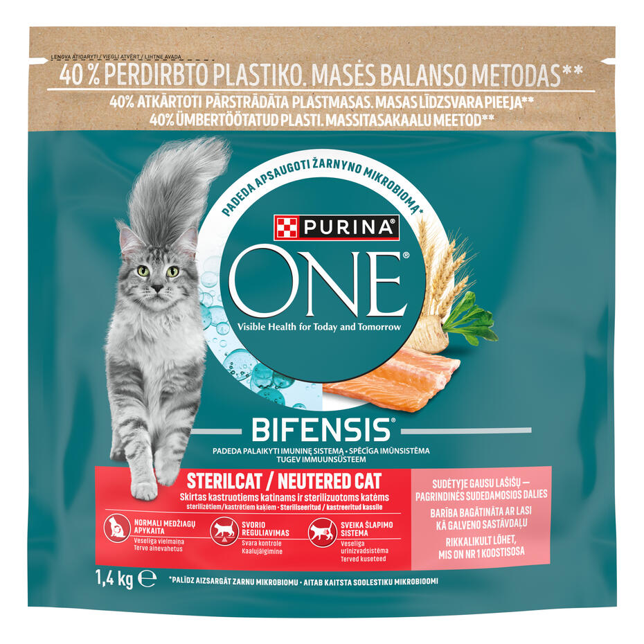Sausā barība sterilizētiem kaķiem PURINA ONE® STERILCAT, bagātināta ar lasi