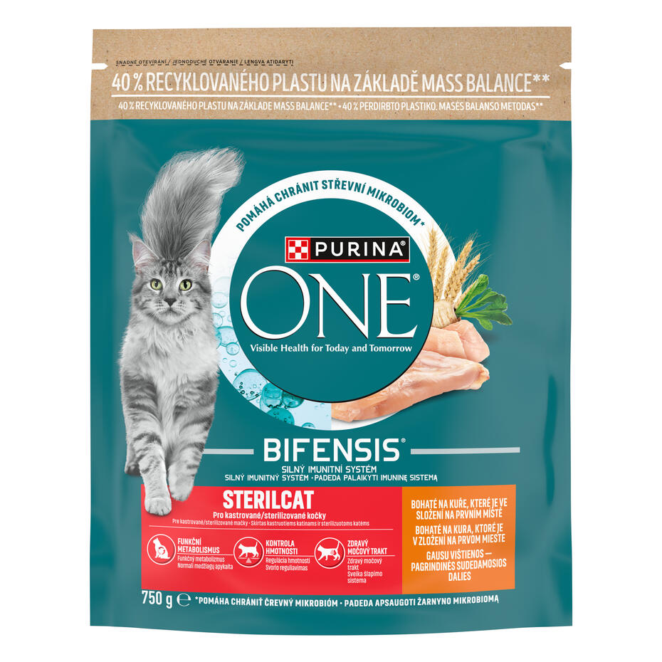 Sausā barība sterilizētiem kaķiem PURINA ONE® STERILCAT, bagātināta ar vistas gaļu