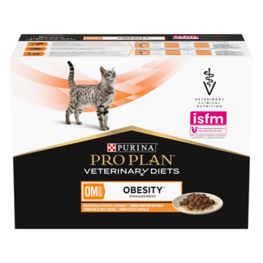 PURINA® PRO PLAN® VETERINARY DIETS OM St/Ox Obesity Management™ konservētā kaķu barība ar vistas gaļas gabaliņiem mērcē, 85 g