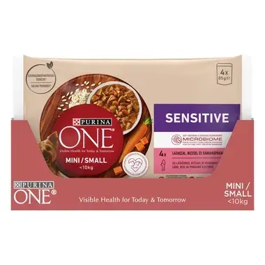 Konservi mini/maza škirņu suņiem ar jutīgu ādu un gremošanu PURINA ONE® MINI/SMALL SENSITIVE ar lasi, rīsiem un burkāniem mēr