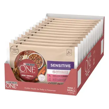 Konservi mini/maza škirņu suņiem ar jutīgu ādu un gremošanu PURINA ONE® MINI/SMALL SENSITIVE ar lasi, rīsiem un burkāniem mēr