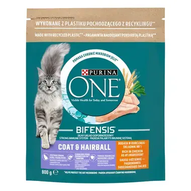 Sausā barība kaķiem apmatojumam un matu kamolu izvadīšanai PURINA ONE® COAT & HAIRBALL, bagātināta ar vistas gaļu
