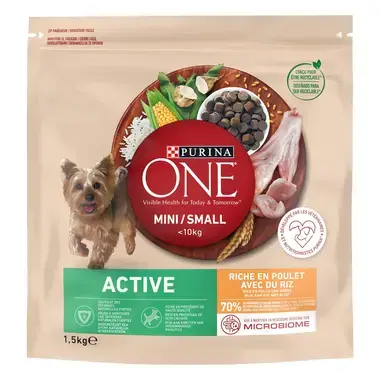 Sausā barība mini/maza škirņu suņiem ar aktīvu dzīvesveidu PURINA ONE® MINI/SMALL ACTIVE, bagātināta ar vistas gaļu un rīsiem
